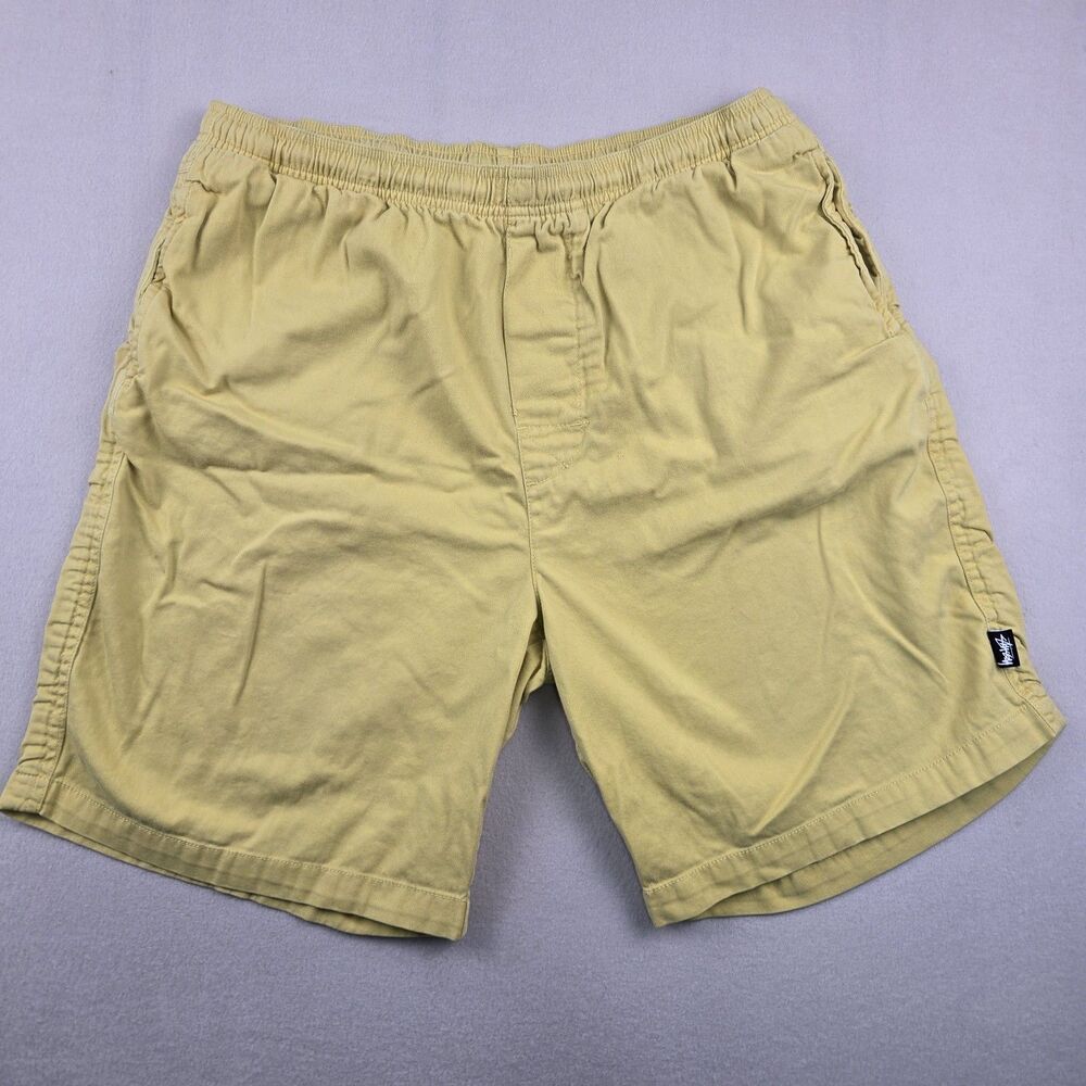 Stussy Brushed Beach Chino Shorts Yellow Men's Sz Large Elastic Waist 9' Inseam
